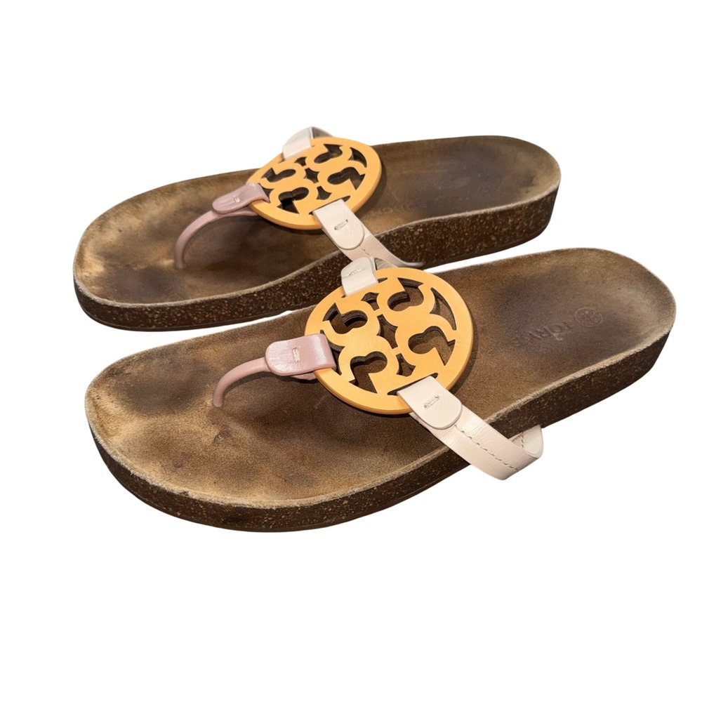 Tory Burch Miller‎ Cloud Sandals Women 9 Beige Yellow Fair Logo Cork Slides